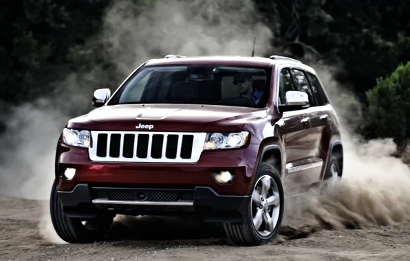Picture red, jeep, SUV, the front, jeep, grand cherokee, skid.dust, Grand Cherokee