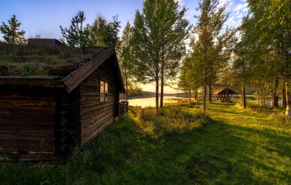 Picture trees, lake, house, shore, Norway, gazebo, hut, Hedmark County, Vestby