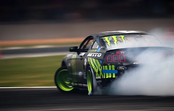 Picture Mustang, Ford, Green, Black, RTR, Monster Energy, Smoke, Team, Motion, Competition, Formula Drift, Sportcar, Vaughn …