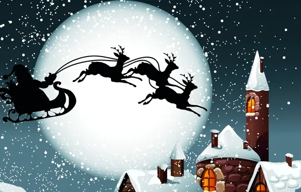 Picture snow, the moon, roof, gifts, sleigh, Santa Claus, deer, new year's eve