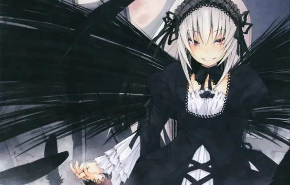 Picture night, feathers, the full moon, red eyes, grin, Suigintou, black wings, Rozen Maiden