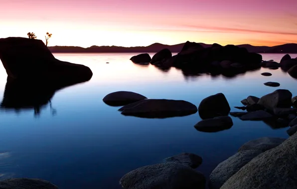 Picture the sky, sunset, lake, stones, rocks, glow