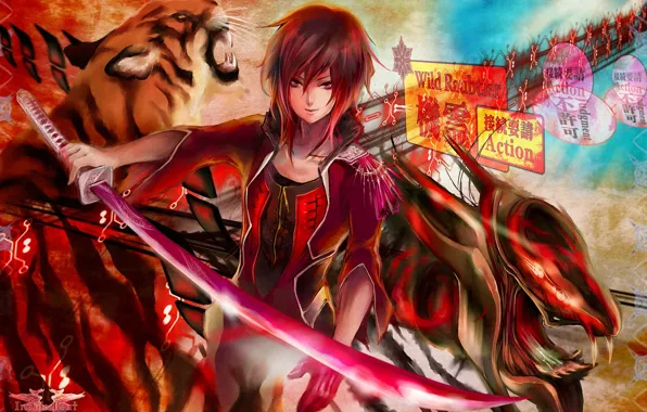 Picture abstraction, tiger, weapons, monster, sword, katana, art, guy