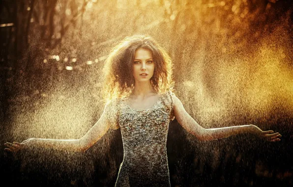 Picture forest, look, girl, drops, light, squirt, branches, glare, sweetheart, model, dress, effect, brown hair, beautiful, …