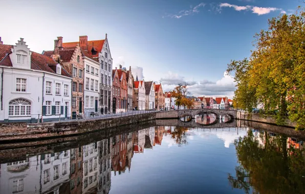 Picture autumn, water, trees, bridge, the city, home, Belgium, Belgium, Bruges, Brugge