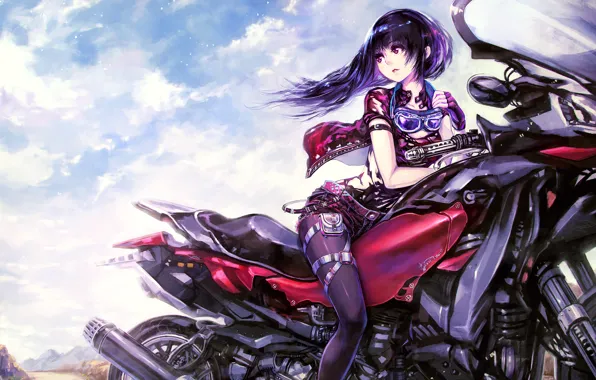 Picture the sky, girl, clouds, anime, art, glasses, motorcycle, lira mist