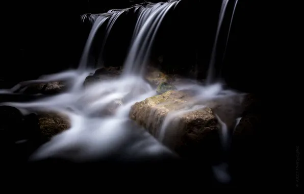 Picture stream, stones, the darkness, waterfall, cave