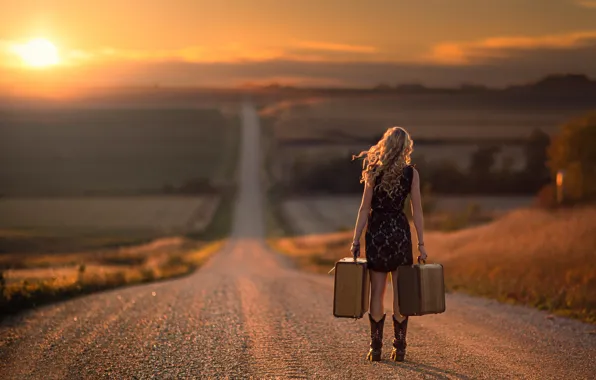 Picture road, girl, the way, suitcases