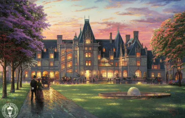 Picture castle, garden, painting, mansion, Palace, retro, Thomas Kinkade, painting, Thomas Kinkade, Elegant Evening at Biltmore, …