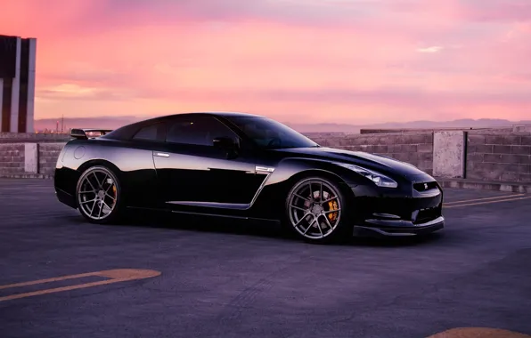 Picture GTR, Nissan, Car, Sky, Wall, Front, Black, Sunset, Tuning, R35, AGWheels