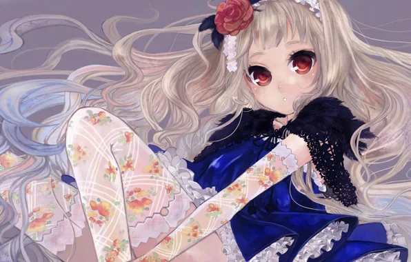 Picture stockings, girl, sitting, knees, ruffles, flower in hair, big eyes, the Cape, long white hair