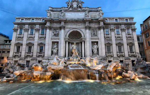 Picture water, lights, the evening, fountain, sculpture, Italy, Rome, Trevi