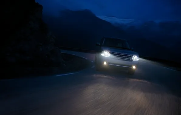 Picture road, drops, mountains, machine, night, the way, rain, rocks, turn, cars, range rover, speed