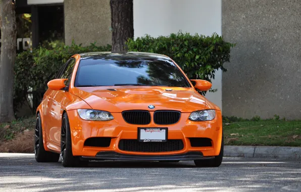 Picture road, trees, orange, street, bmw, the bushes, the front, e92, the curb, orange.BMW