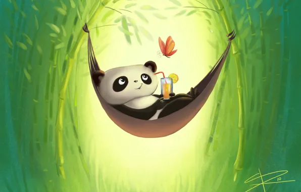 Picture stay, butterfly, figure, bamboo, hammock, Panda, drink