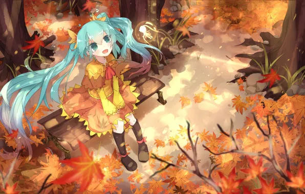 Picture autumn, leaves, girl, joy, magic, anime, art, vocaloid, hatsune miku, you