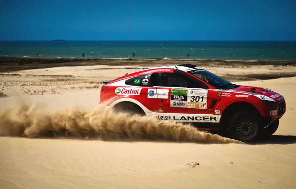 Picture Sand, Red, Sea, Auto, Sport, Desert, Machine, Speed, Race, Mitsubishi, Day, Mitsubishi, Heat, Coast, Rally, …