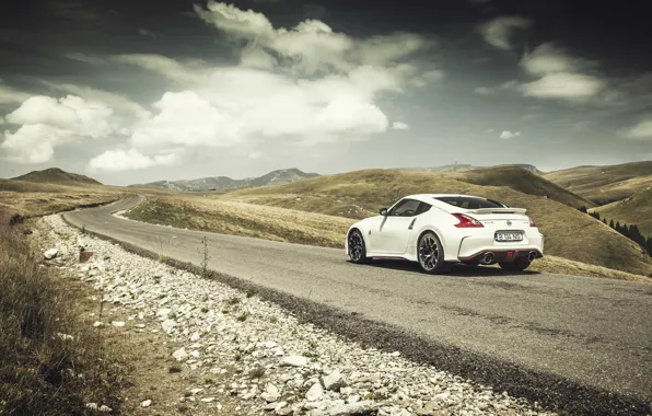 Picture road, clouds, mountains, Nissan, solar, 370Z, rear