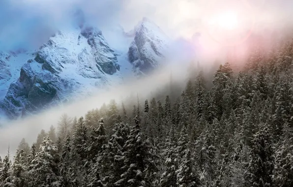 Picture winter, the sky, mountains, fog, glare, photoshop