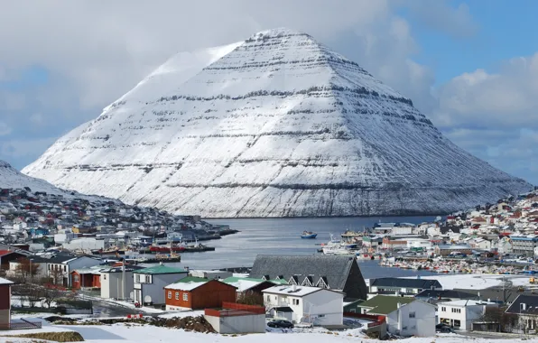 Picture the sky, Islands, the city, photo, mountain, snowy, Friscia, Klaksvik