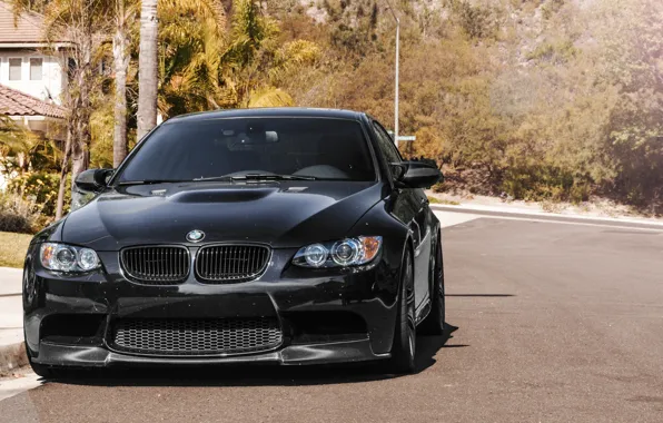 Picture road, trees, black, street, bmw, BMW, black, the front, e92