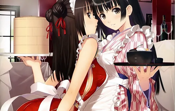 Picture girl, anime, art, cafe, the waitress, the conversation