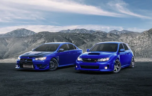 Picture Subaru, Impreza, Mitsubishi, Lancer, Evolution, blue, front, STi