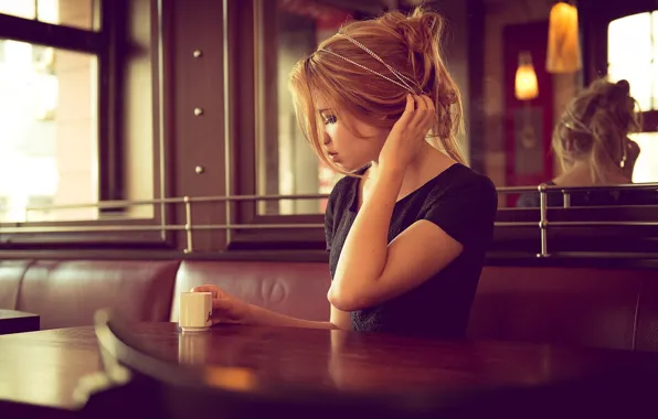 Picture coffee, blonde, Cup, cafe, curl, gesture