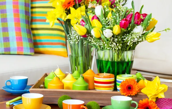 Picture flowers, table, pillow, candles, colorful, Cup, tulips, colorful, serving, swipe, arrangement