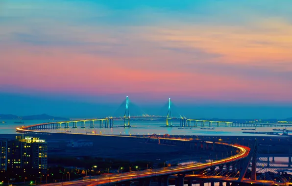 Picture bridge, the city, lights, Korea, Incheon