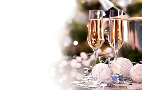 Picture balls, toys, New Year, glasses, Christmas, the scenery, white, champagne, holidays, Christmas