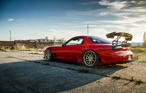 Picture the sky, clouds, shadow, red, side view, red, mazda, Mazda, rx-7