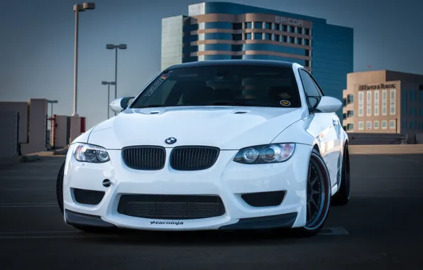 Picture roof, white, the building, bmw, BMW, lights, Parking, white, parking, e92, building, epikor, epicor