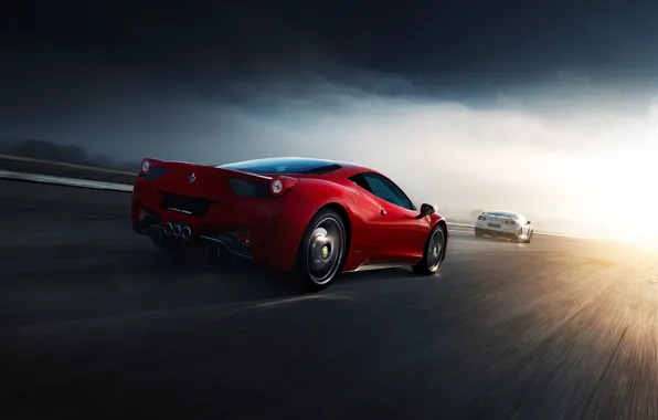Picture Ferrari, Nissan, Red, GT-R, 458, White, Supercars, Norway, R35, Italia, Road, Rear