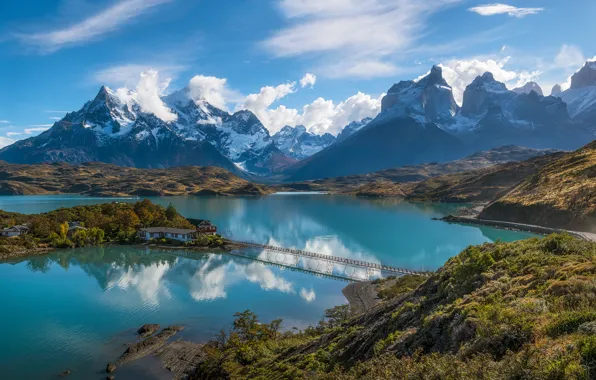 Picture lake, island, home, the bridge, Chile, South America, Patagonia, the Andes mountains