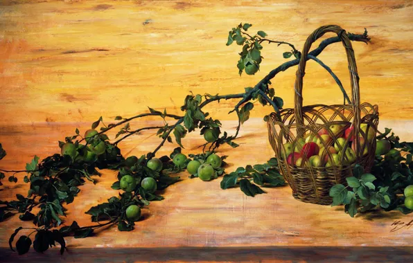 Picture oil, Canvas, Apple, Yuri ARSENYUK, (b. 1955). Broken branch
