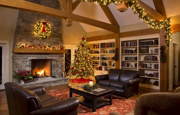 Picture decoration, tree, Christmas, New year, fireplace