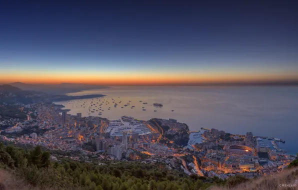 Picture sea, landscape, sunset, nature, the city, lights, home, ships, yachts, the evening, port, Monaco, Monaco, …