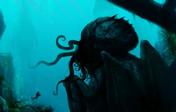 Picture rocks, diver, monster, art, tentacles, ruins, under water