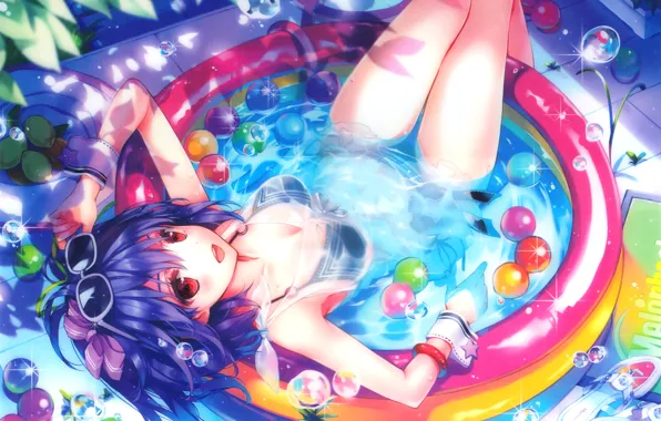 Picture water, girl, joy, bubbles, anime, pool, art, glasses, kuroya shinobu
