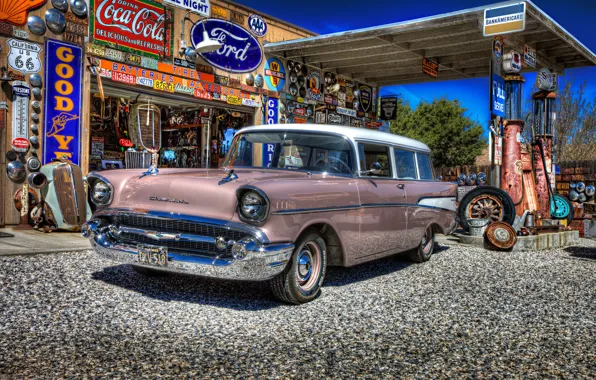 Picture retro, dressing, Chevrolet, car, classic, gas station, service