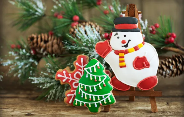 Picture holiday, new year, Christmas, branch, cookies, snowman, herringbone, bumps, pine, cakes