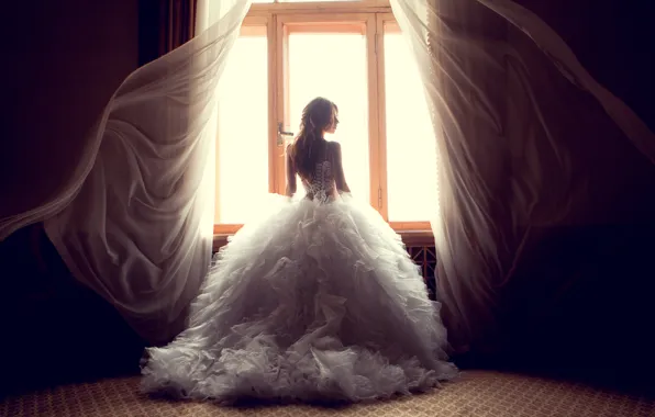 Picture dress, woman, window, curtains