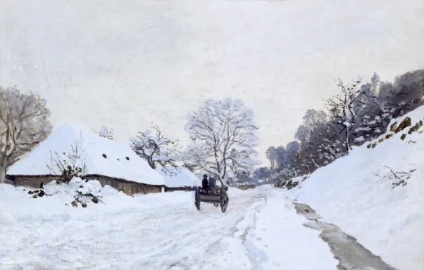 Picture winter, snow, landscape, picture, Claude Monet, A cart on the Snowy Road and the Farm …
