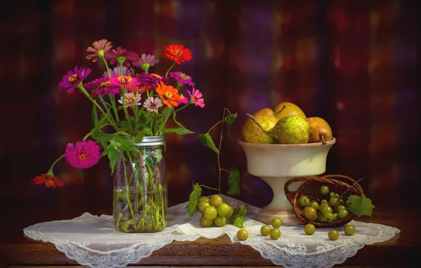 Picture flowers, grapes, fruit, still life, pear, zinnia