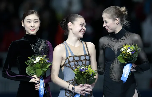 Picture flowers, smile, victory, figure skating, Italy, Russia, Korea, pedestal, Sochi 2014, The XXII Winter Olympic …