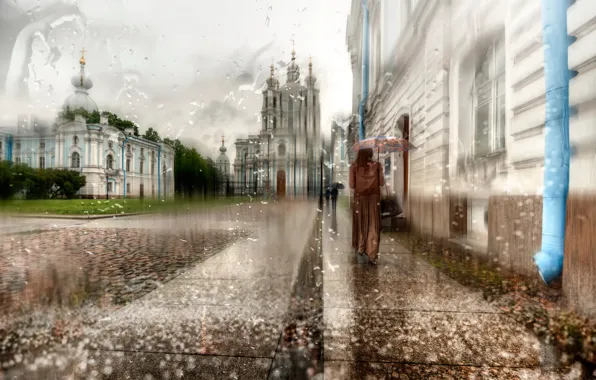 Picture girl, drops, rain, umbrella, Saint Petersburg, cloak