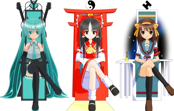 Picture chair, white background, vocaloid, sitting, Hatsune Miku, touhou, three, Yin-Yang, Haruhi Suzumiya, Hakurei Reimu, crossovers