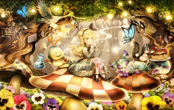 Picture butterfly, caterpillar, bird, mushrooms, spiders, protein, the tea party, girl, Cheshire cat, Alice In Wonderland