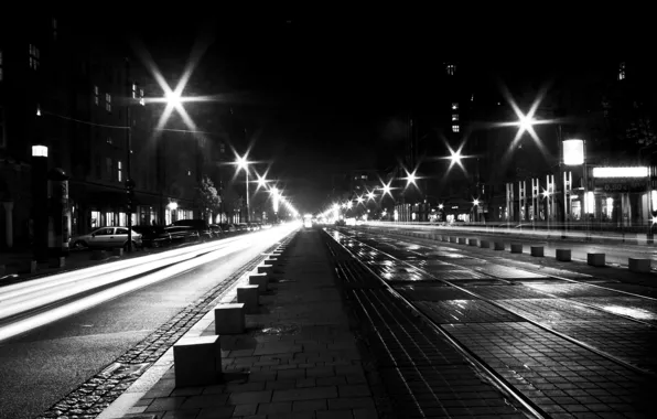 Picture road, machine, lights, street, Windows, home, lights, black and white, the sidewalk